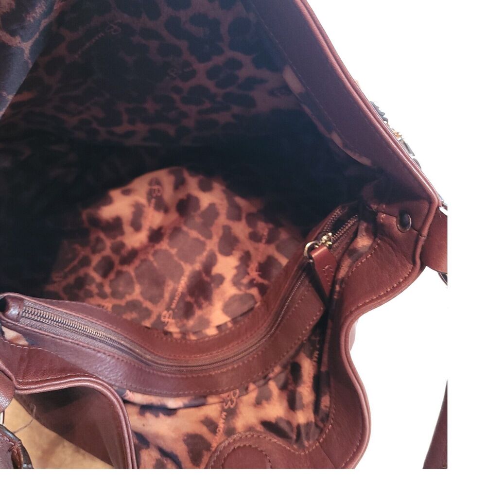 B Makowsky Brown Tan Pebbled Leather Leopard Print Lining Zip Handbag Purse Bag - Picture 7 of 11